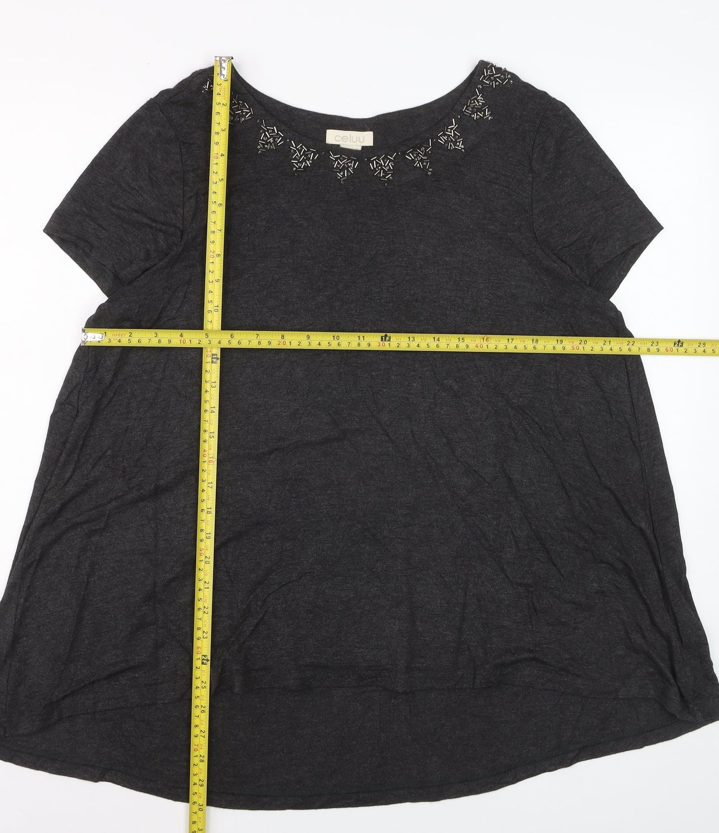 Celuu Women's Black Beaded Crew Neck Short Sleeve Jersey Top Size 16