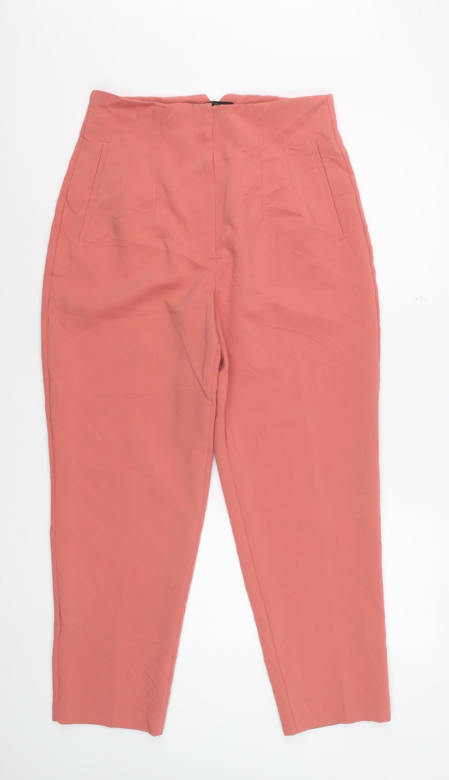 Zara Women Coral Pink High Waist Straight Trousers Size L