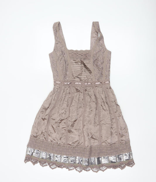 Warehouse Women's Beige Silk Lace Sequin A-Line Party Dress UK 6