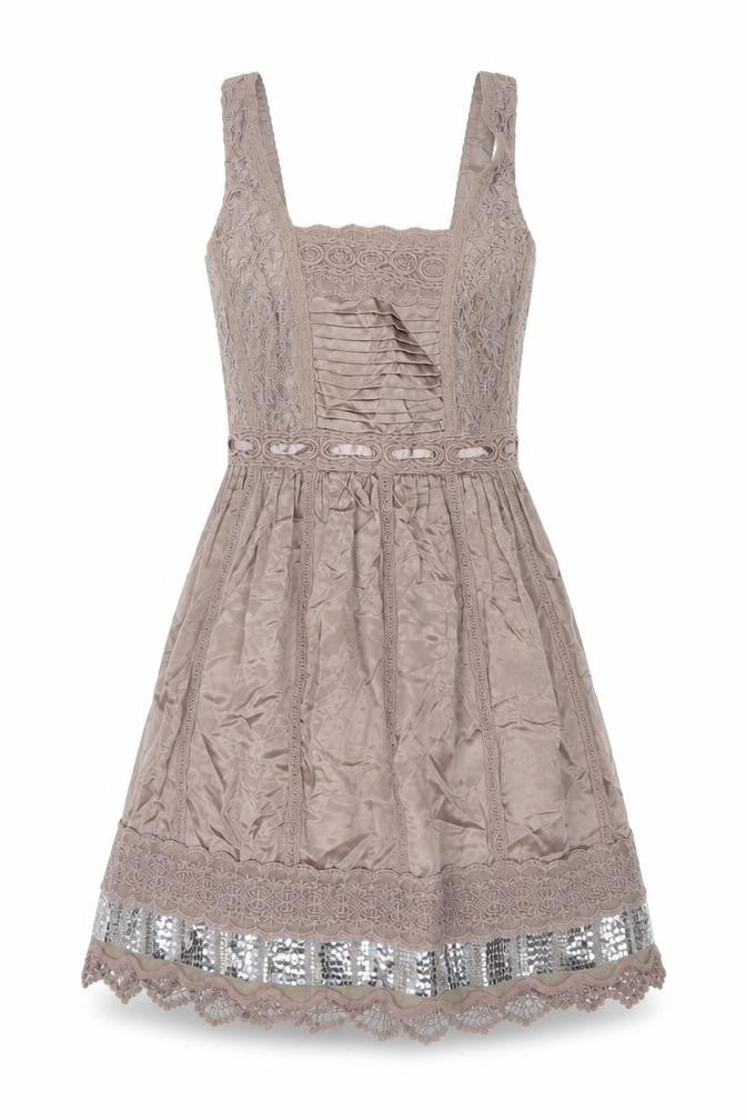 Warehouse Women's Beige Silk Lace Sequin A-Line Party Dress UK 6