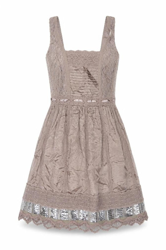 Warehouse Women's Beige Silk Lace Sequin A-Line Party Dress UK 6