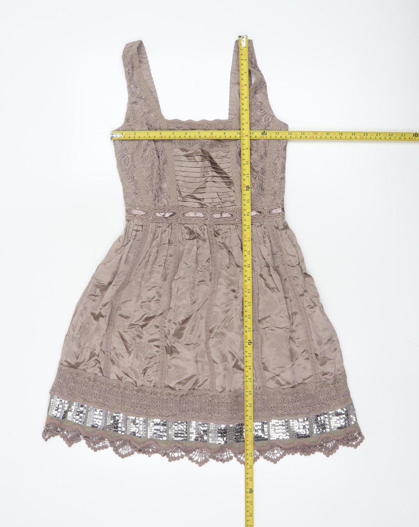 Warehouse Women's Beige Silk Lace Sequin A-Line Party Dress UK 6