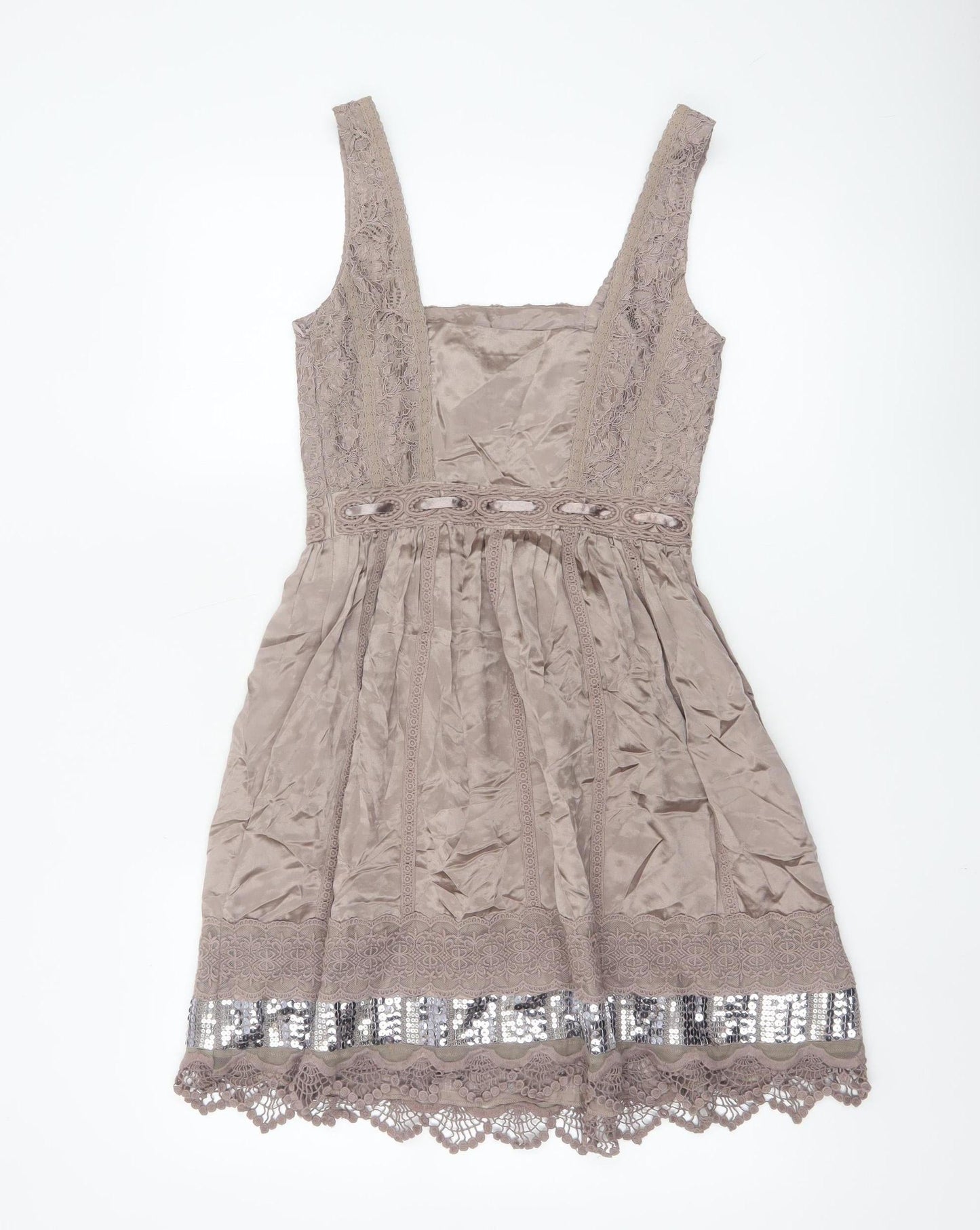 Warehouse Women's Beige Silk Lace Sequin A-Line Party Dress UK 6