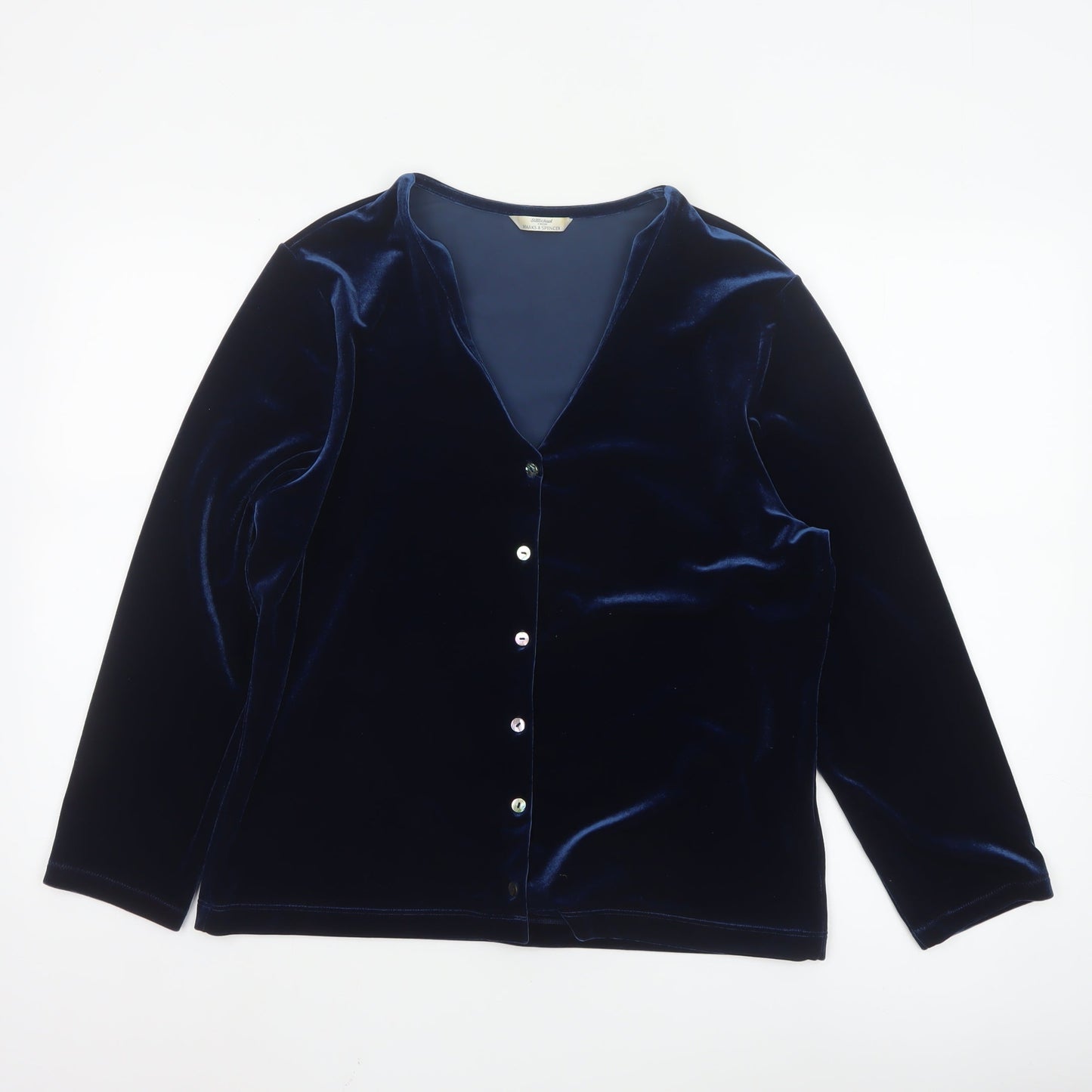 Marks and Spencer Women Blue Velvet V-Neck Long Sleeve Blouse Size 16