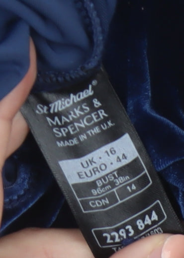 Marks and Spencer Women Blue Velvet V-Neck Long Sleeve Blouse Size 16