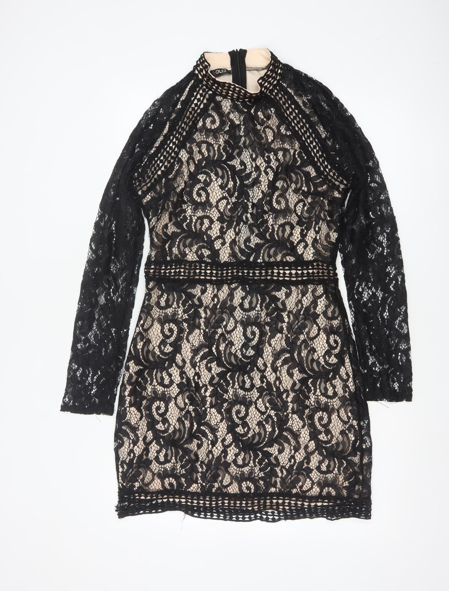 Quiz Women’s Black Lace Bodycon Short Dress Size 12 Long Sleeve