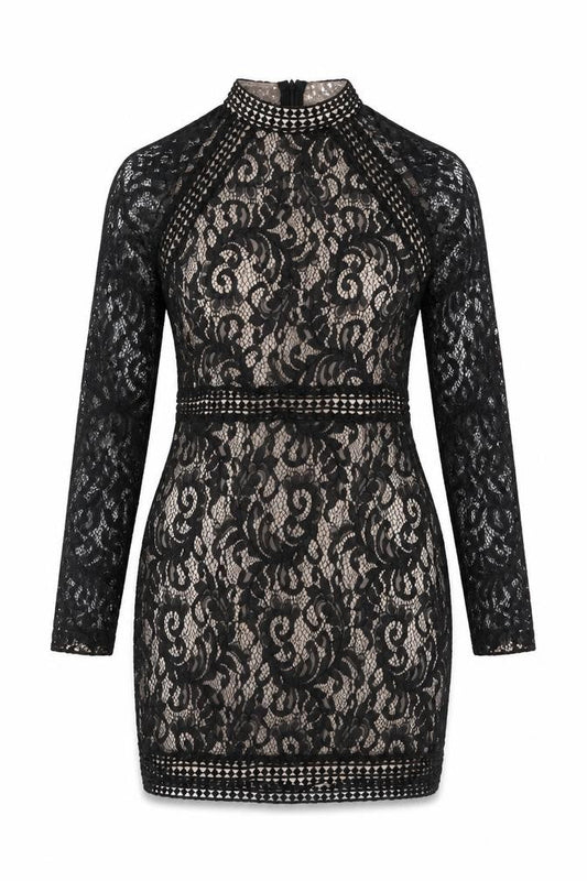 Quiz Women’s Black Lace Bodycon Short Dress Size 12 Long Sleeve