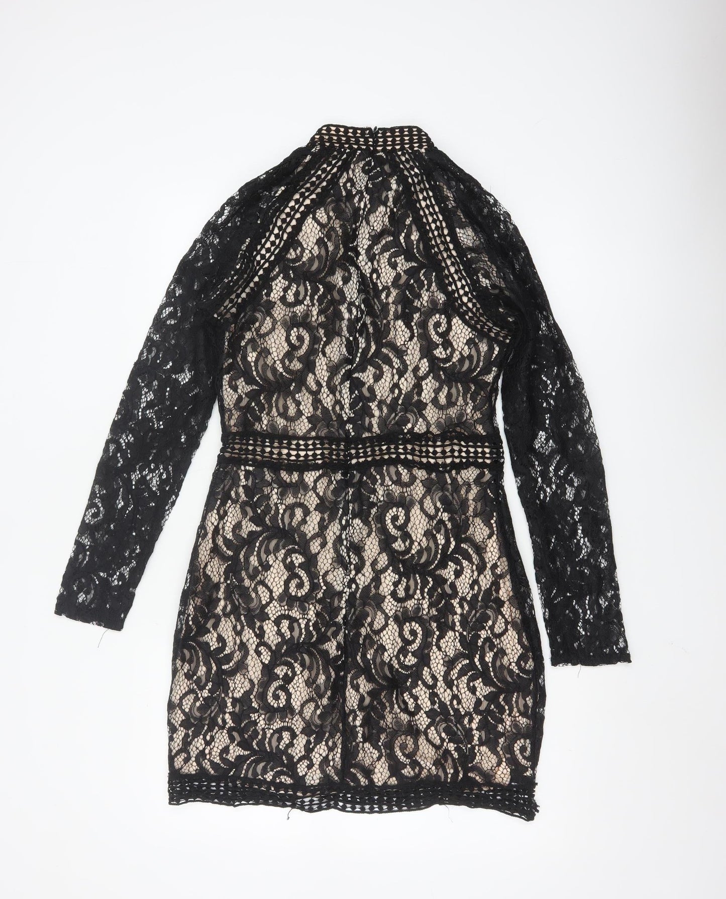 Quiz Women’s Black Lace Bodycon Short Dress Size 12 Long Sleeve