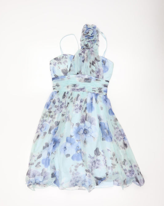 Quiz Women Blue Floral One Shoulder Chiffon Knee Length Dress Size 10