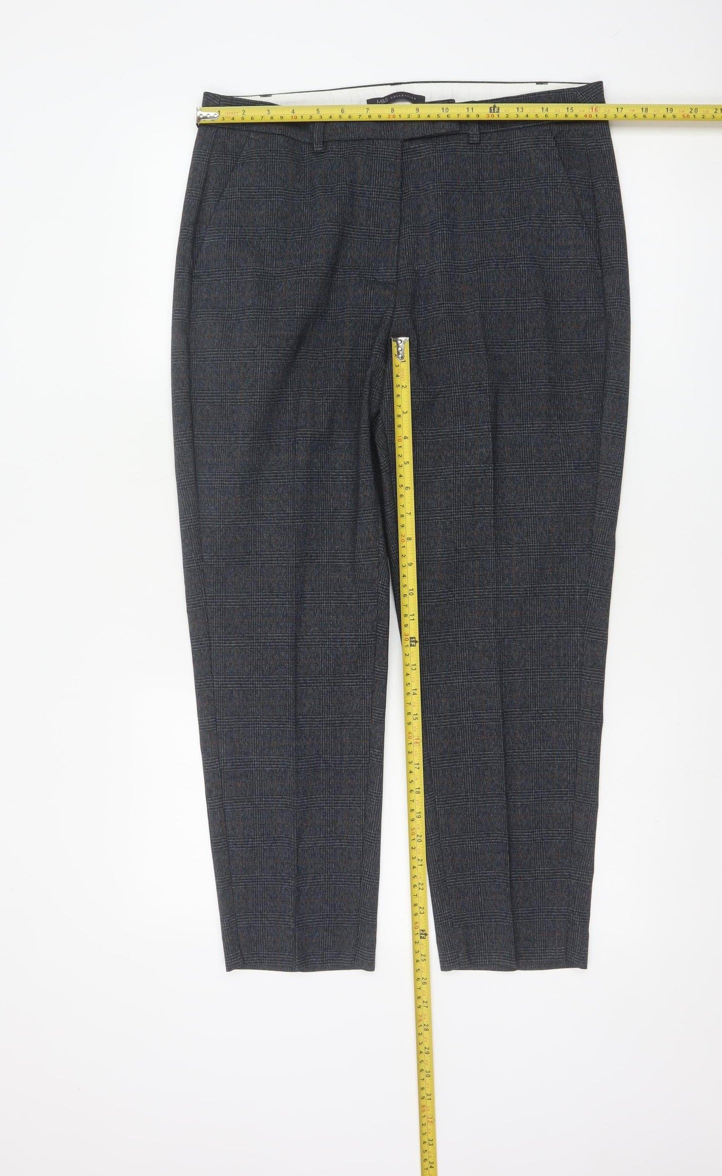 Marks and Spencer Womens Navy Mix Checked Trousers UK 14 Short