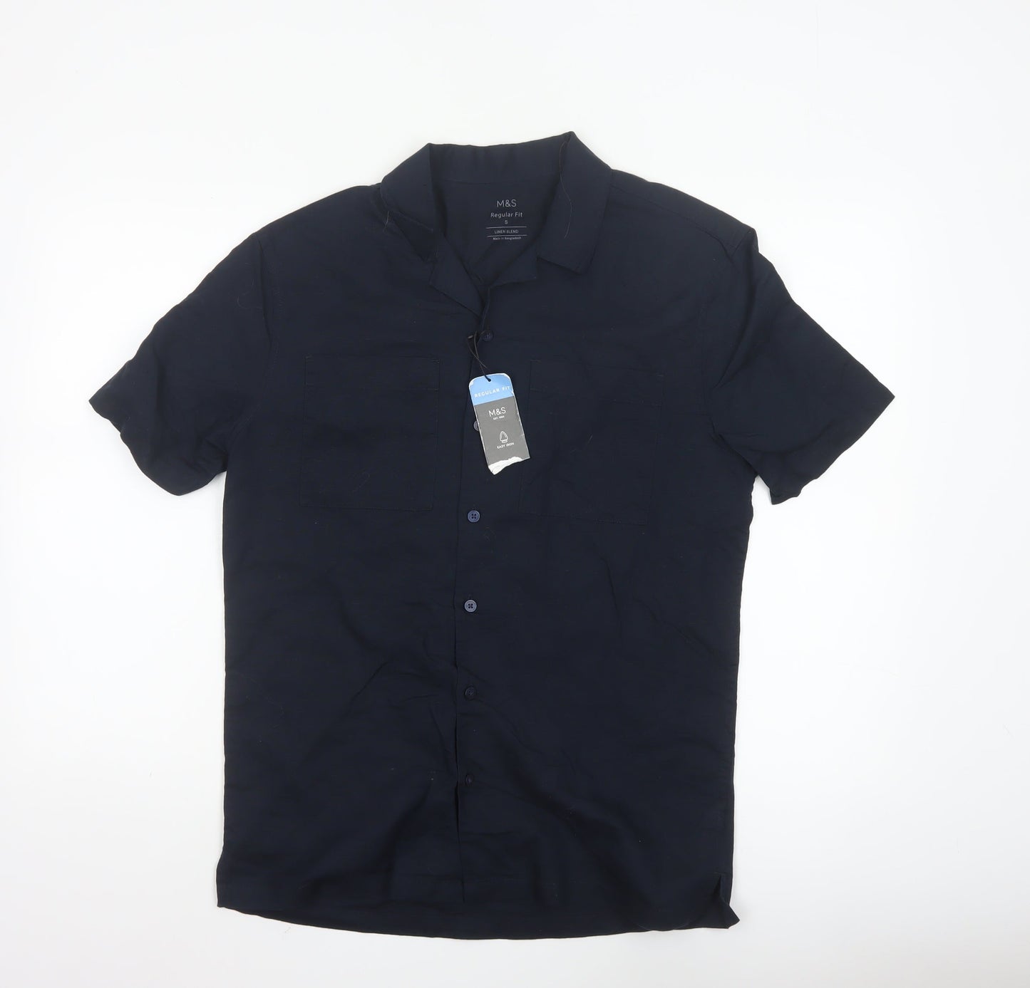 Marks and Spencer Men's Blue Linen Blend Regular Fit Short Sleeve Shirt S