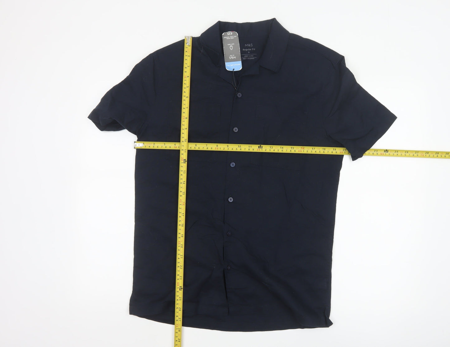 Marks and Spencer Men's Blue Linen Blend Regular Fit Short Sleeve Shirt S