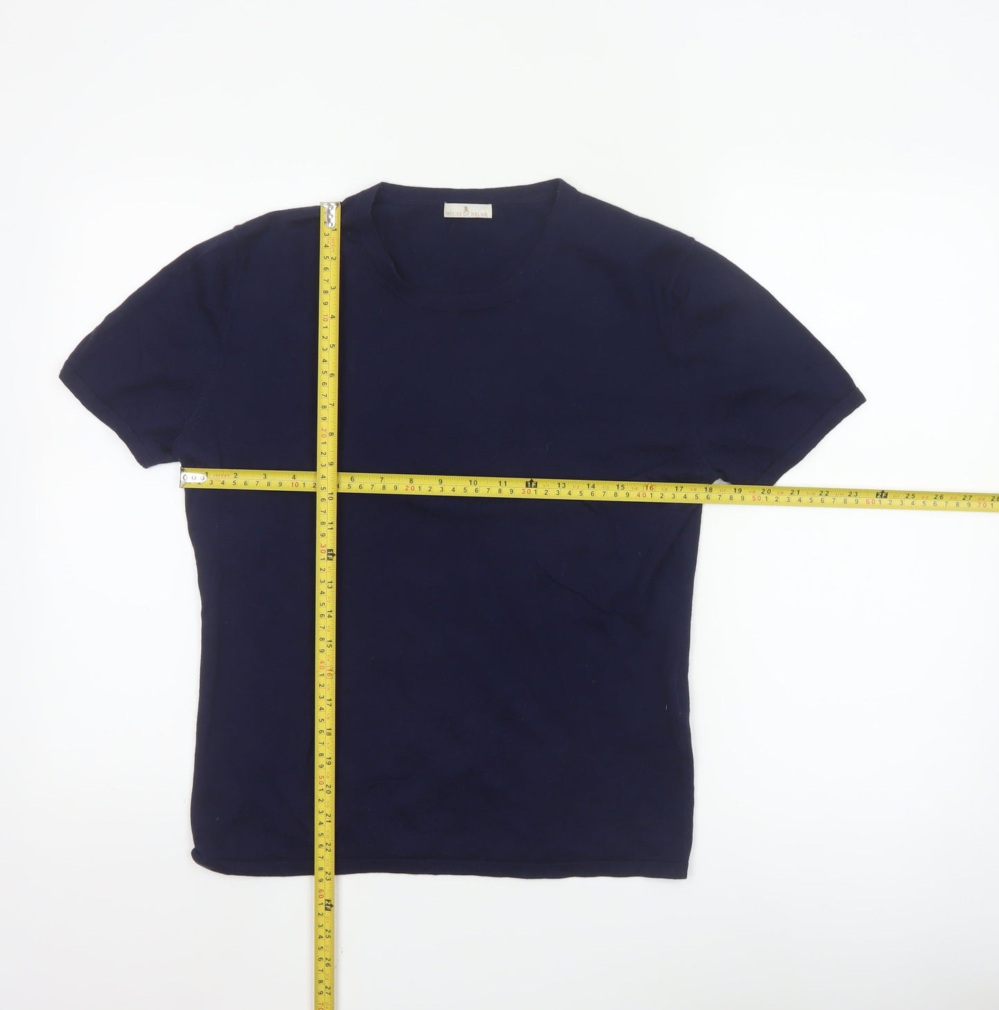 House of Bruar Women's Blue Silk Cotton Cashmere Short Sleeve T-Shirt Size 12