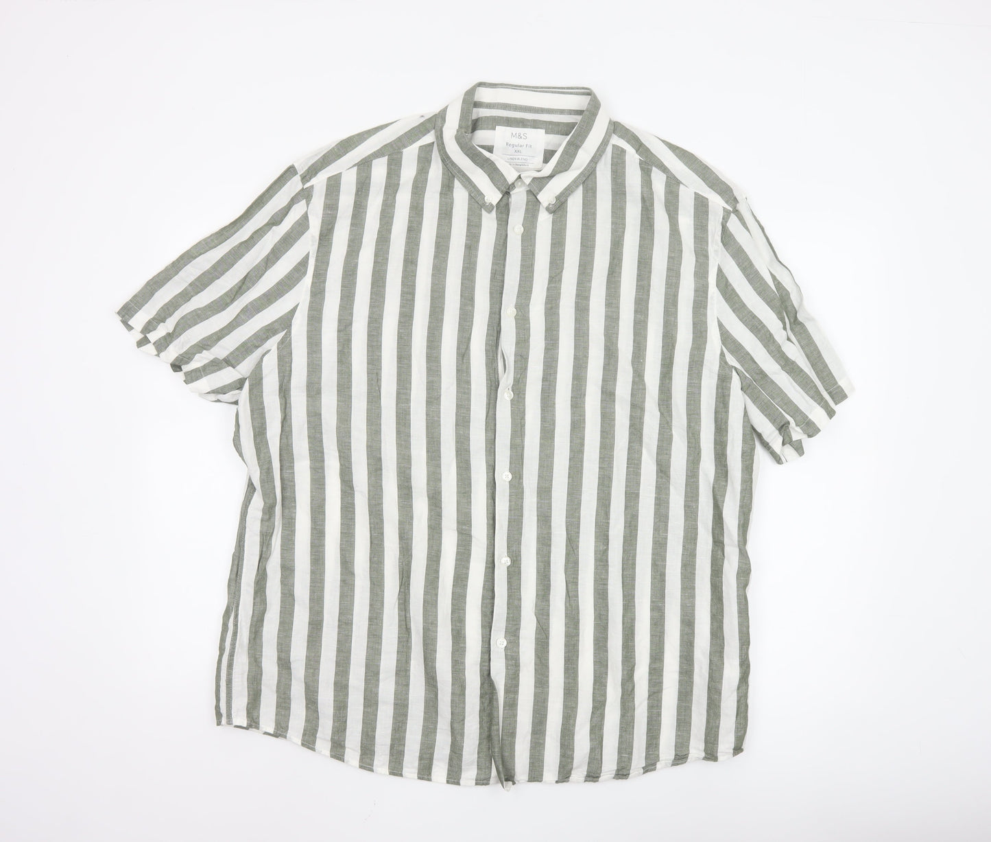 Marks and Spencer Men’s Green White Striped Linen Blend Shirt XXL Regular Fit