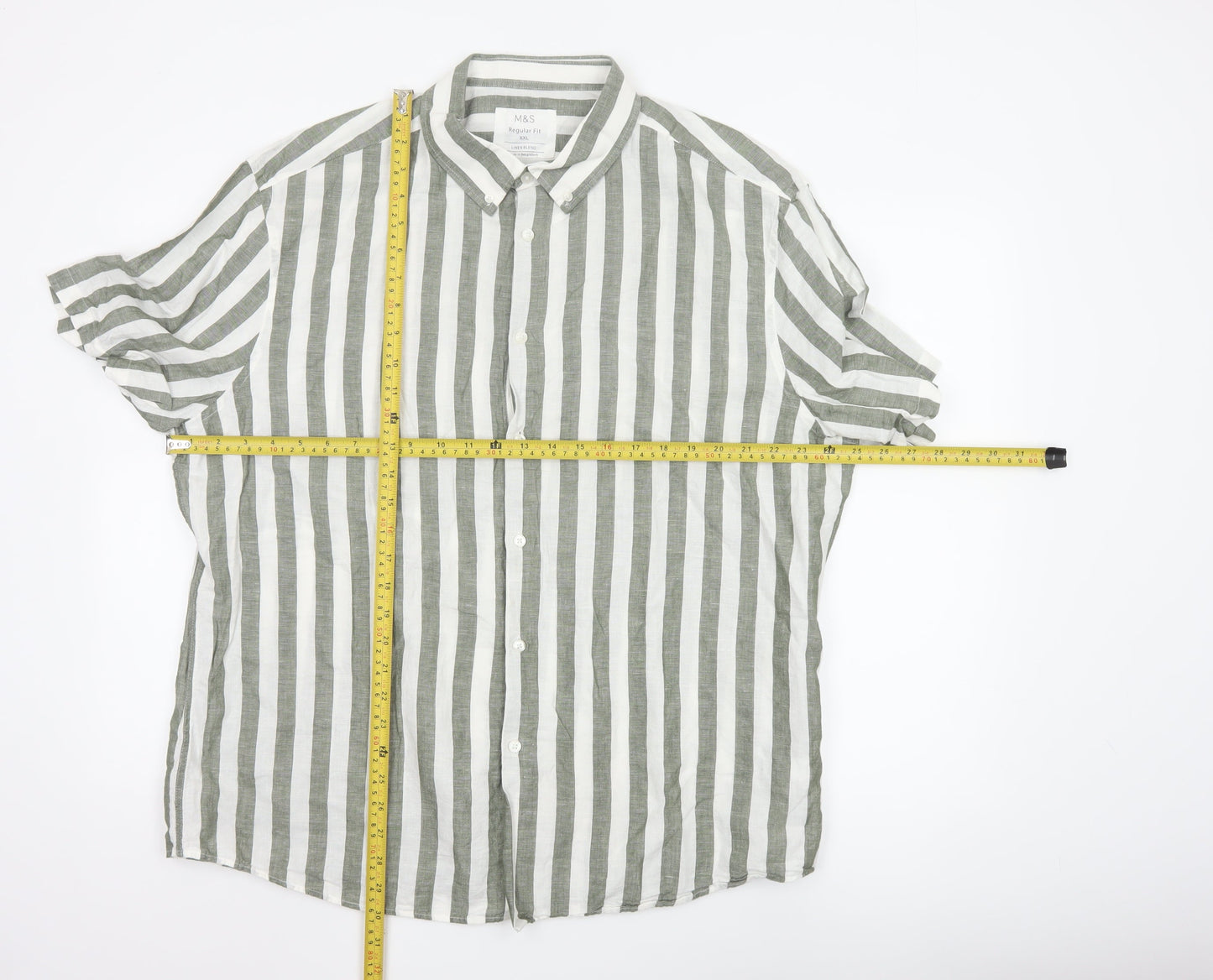 Marks and Spencer Men’s Green White Striped Linen Blend Shirt XXL Regular Fit