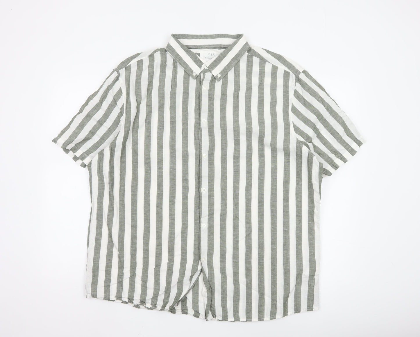 Marks and Spencer Men’s Green Striped Linen Blend Short Sleeve Shirt 2XL Regular Fit