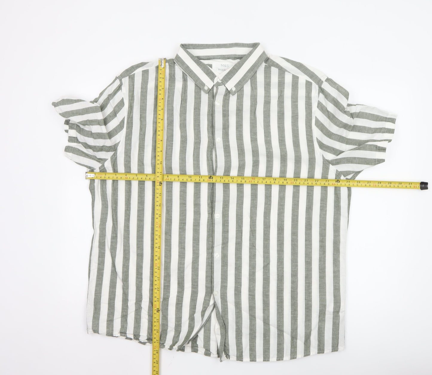Marks and Spencer Men’s Green Striped Linen Blend Short Sleeve Shirt 2XL Regular Fit