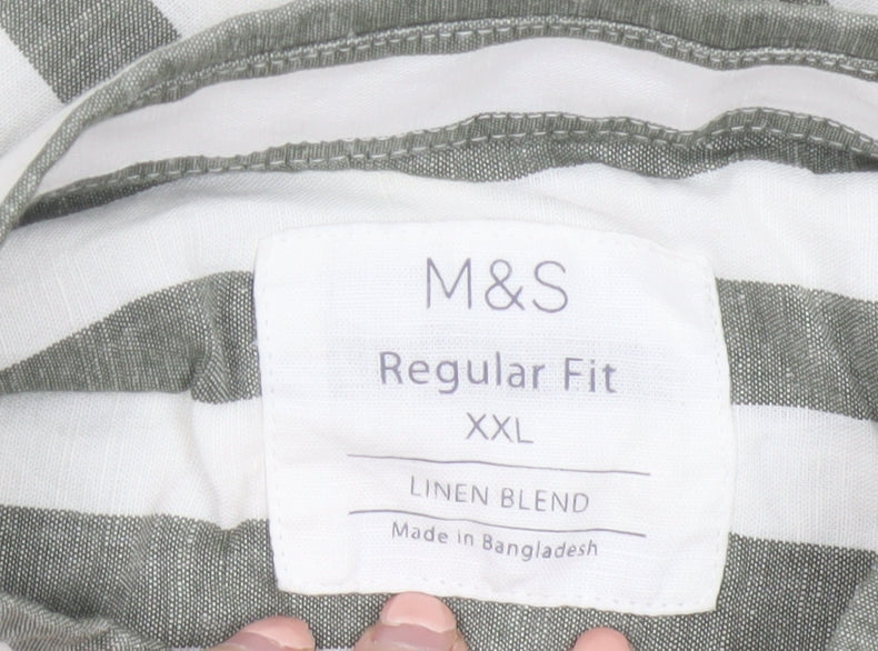 Marks and Spencer Men’s Green Striped Linen Blend Short Sleeve Shirt 2XL Regular Fit