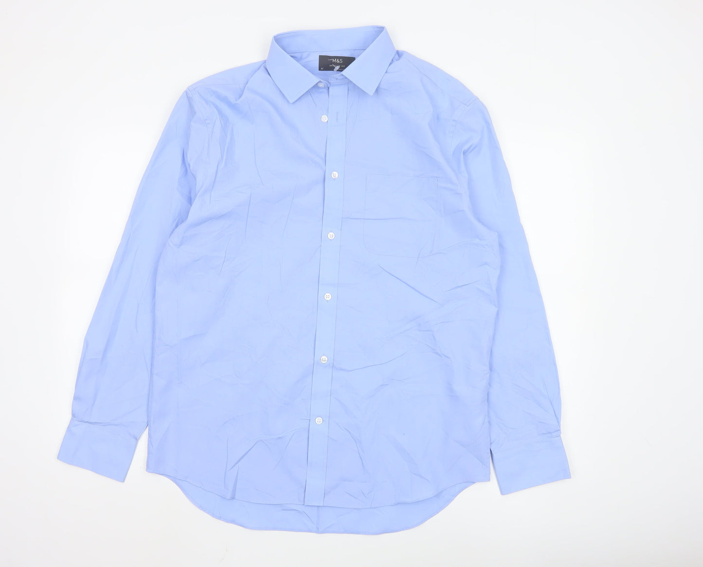 Marks and Spencer Men’s Blue Regular Fit Long Sleeve Button-Up Shirt Size 16