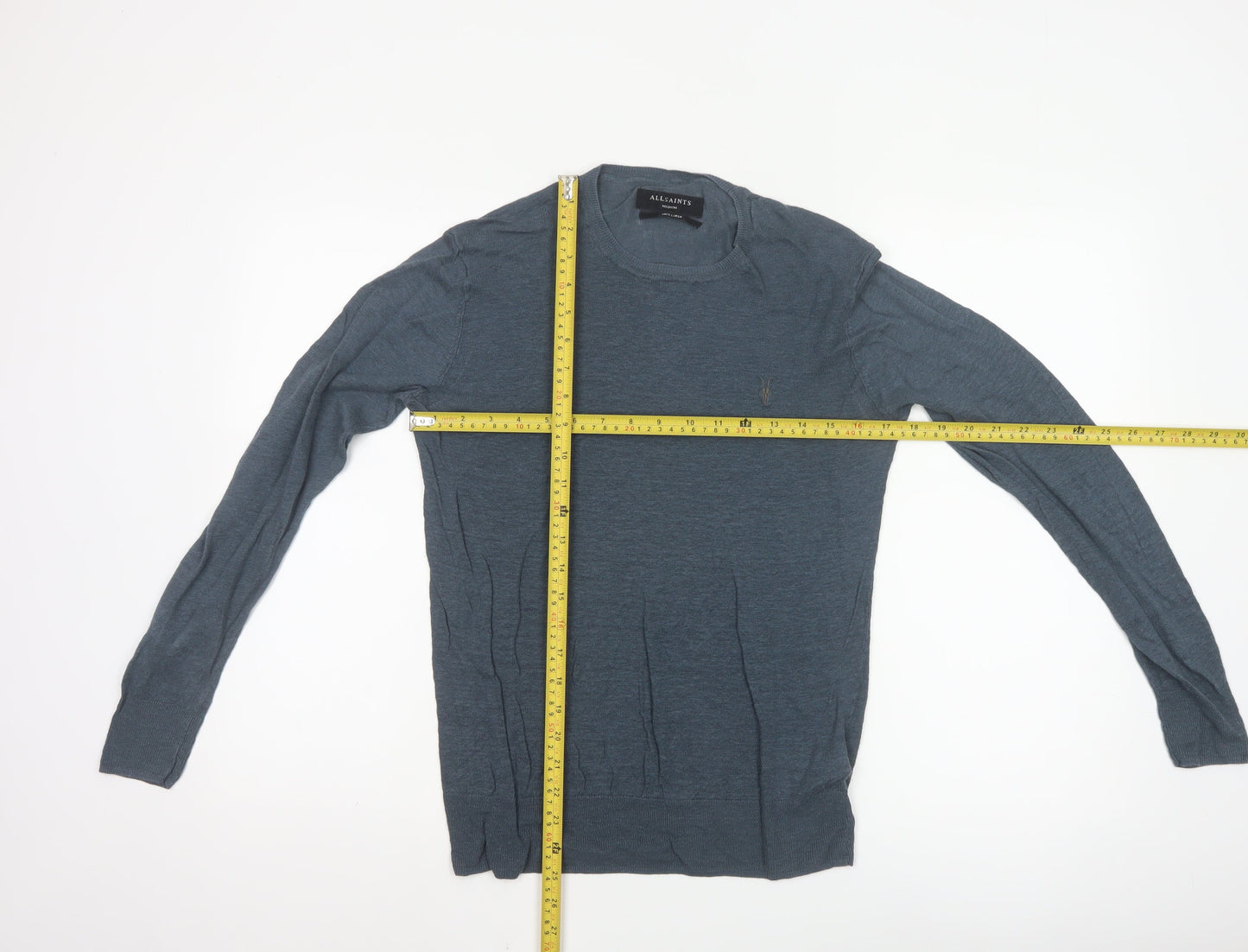 AllSaints Men Blue Linen Crew Neck Lightweight Pullover Jumper M