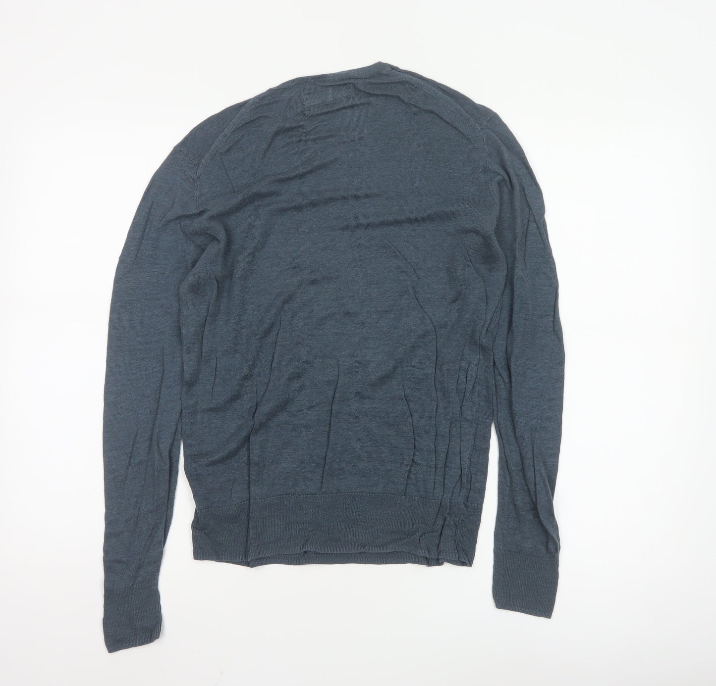 AllSaints Men Blue Linen Crew Neck Lightweight Pullover Jumper M