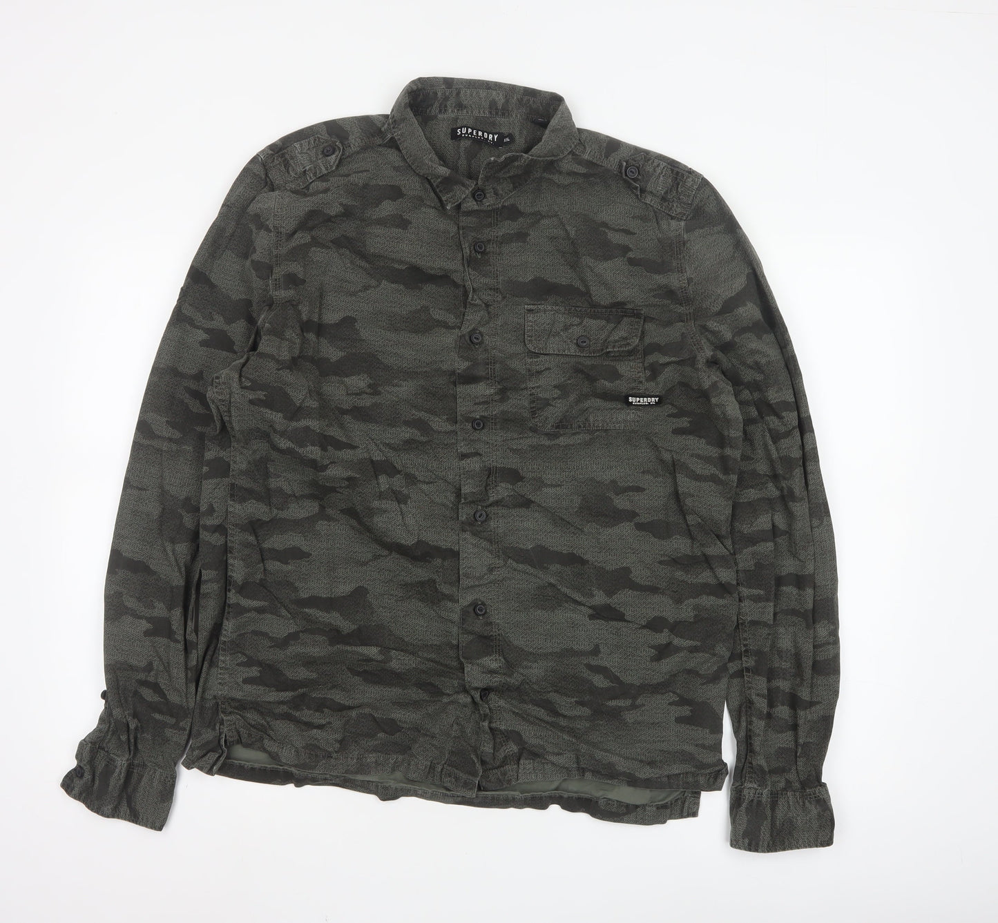 Superdry Men's Green Camo Button-Up Long Sleeve Cotton Shirt XXL