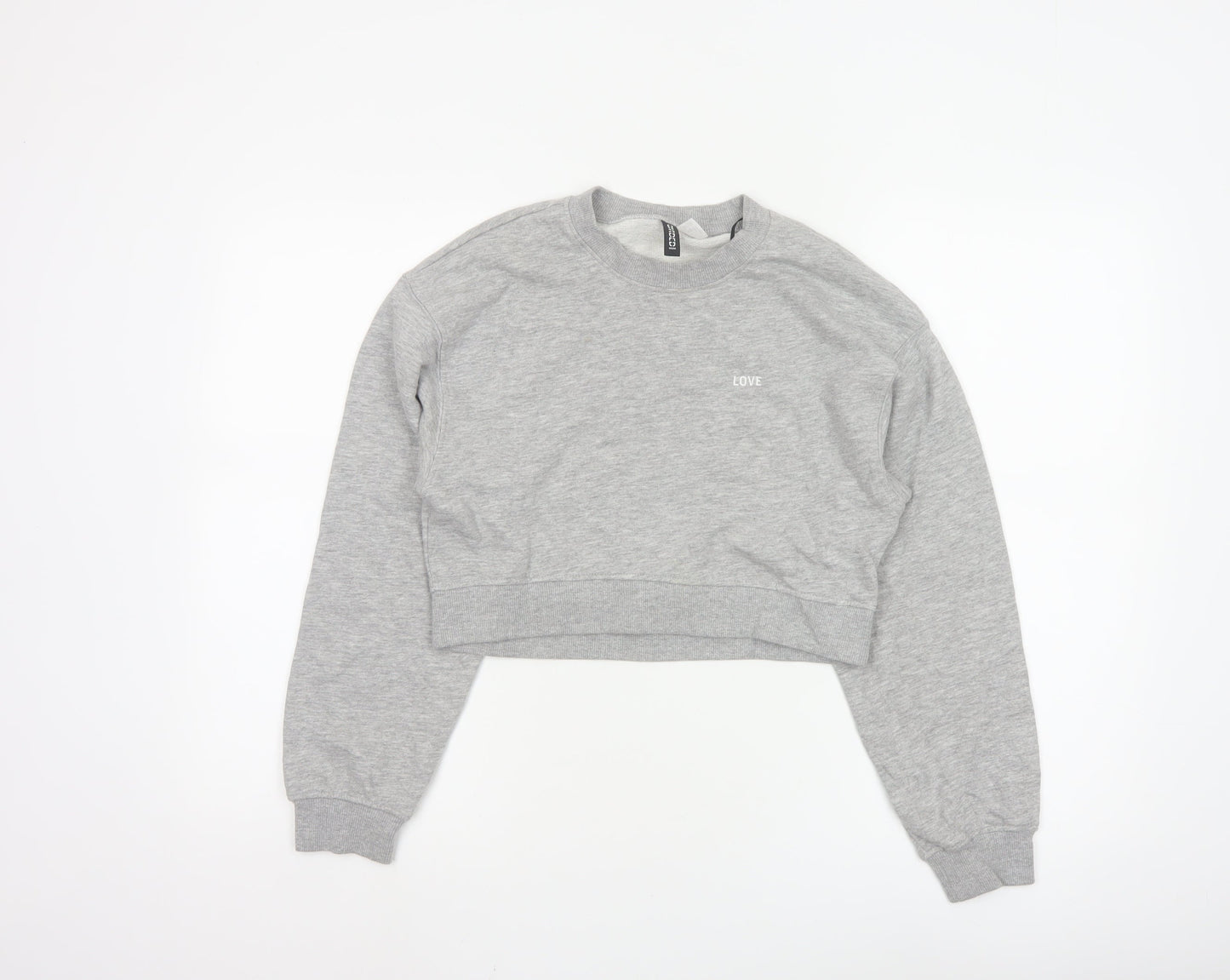 H&M Divided Womens Grey XS Cropped Pullover Sweatshirt Love Embroidered