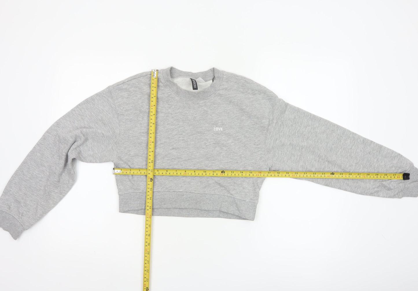 H&M Divided Womens Grey XS Cropped Pullover Sweatshirt Love Embroidered