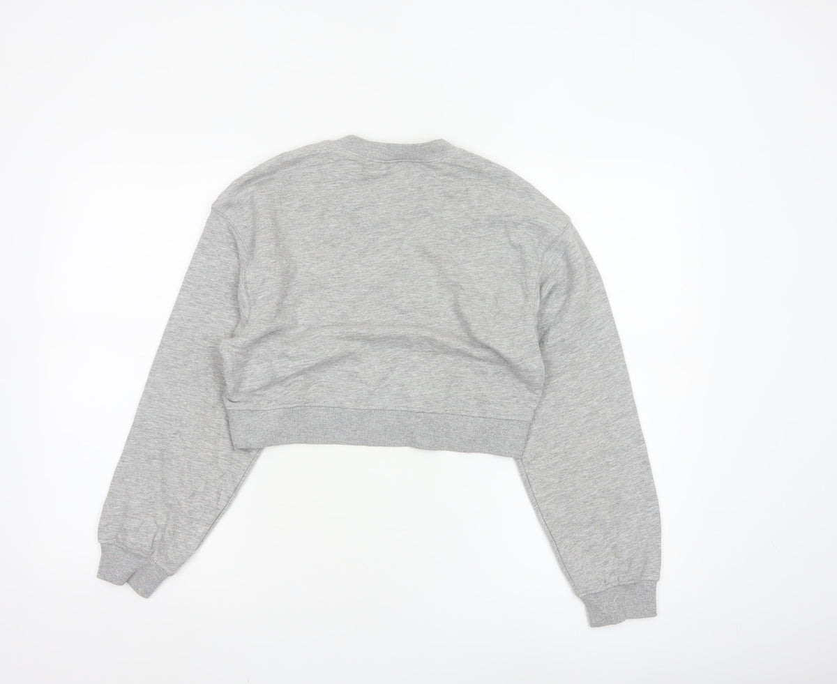 H&M Divided Womens Grey XS Cropped Pullover Sweatshirt Love Embroidered