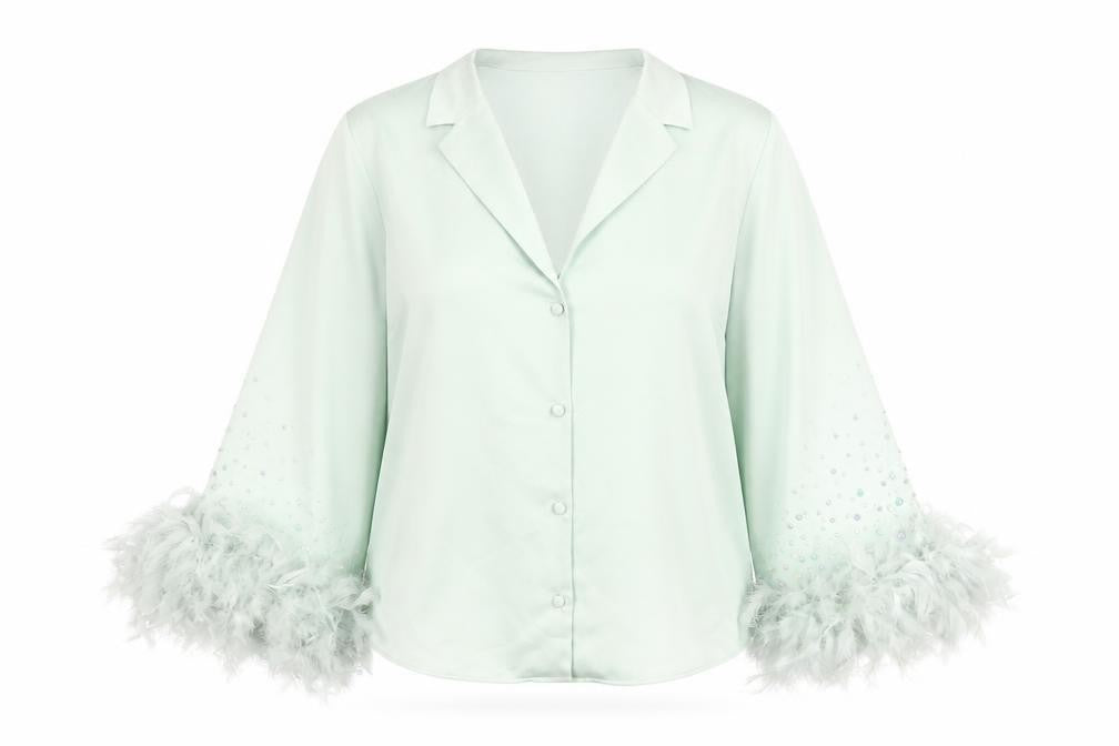 River Island Women Green Button-Up Beaded Feather Sleeve Shirt UK 10