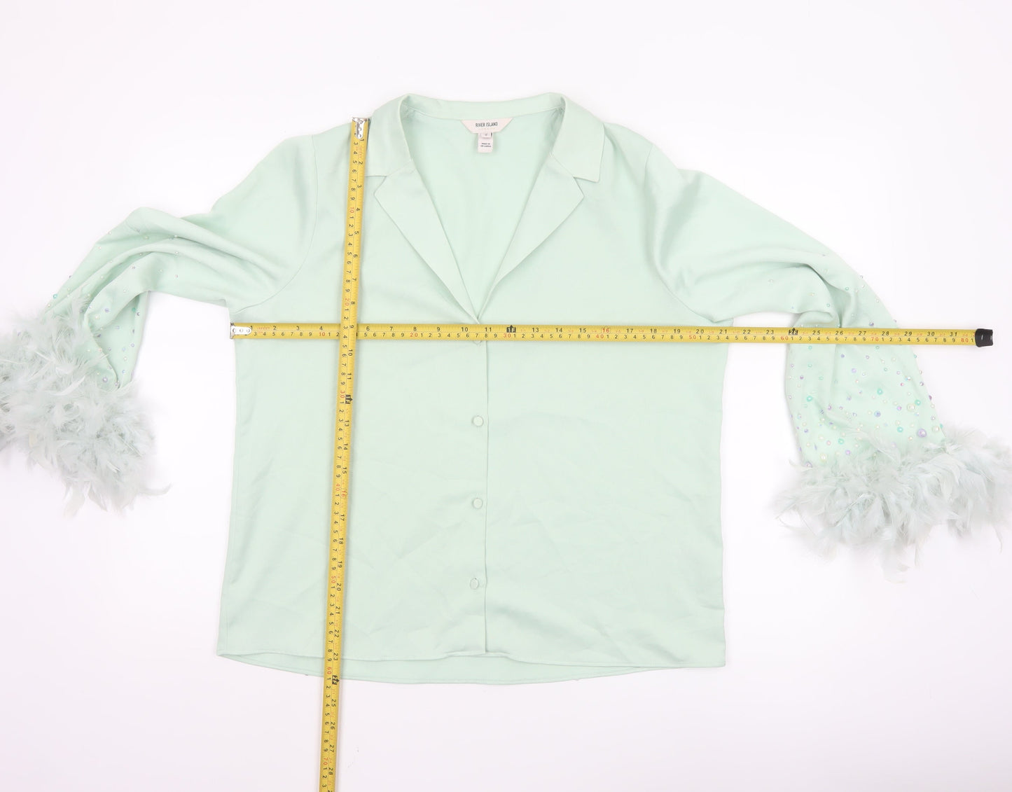 River Island Women Green Button-Up Beaded Feather Sleeve Shirt UK 10