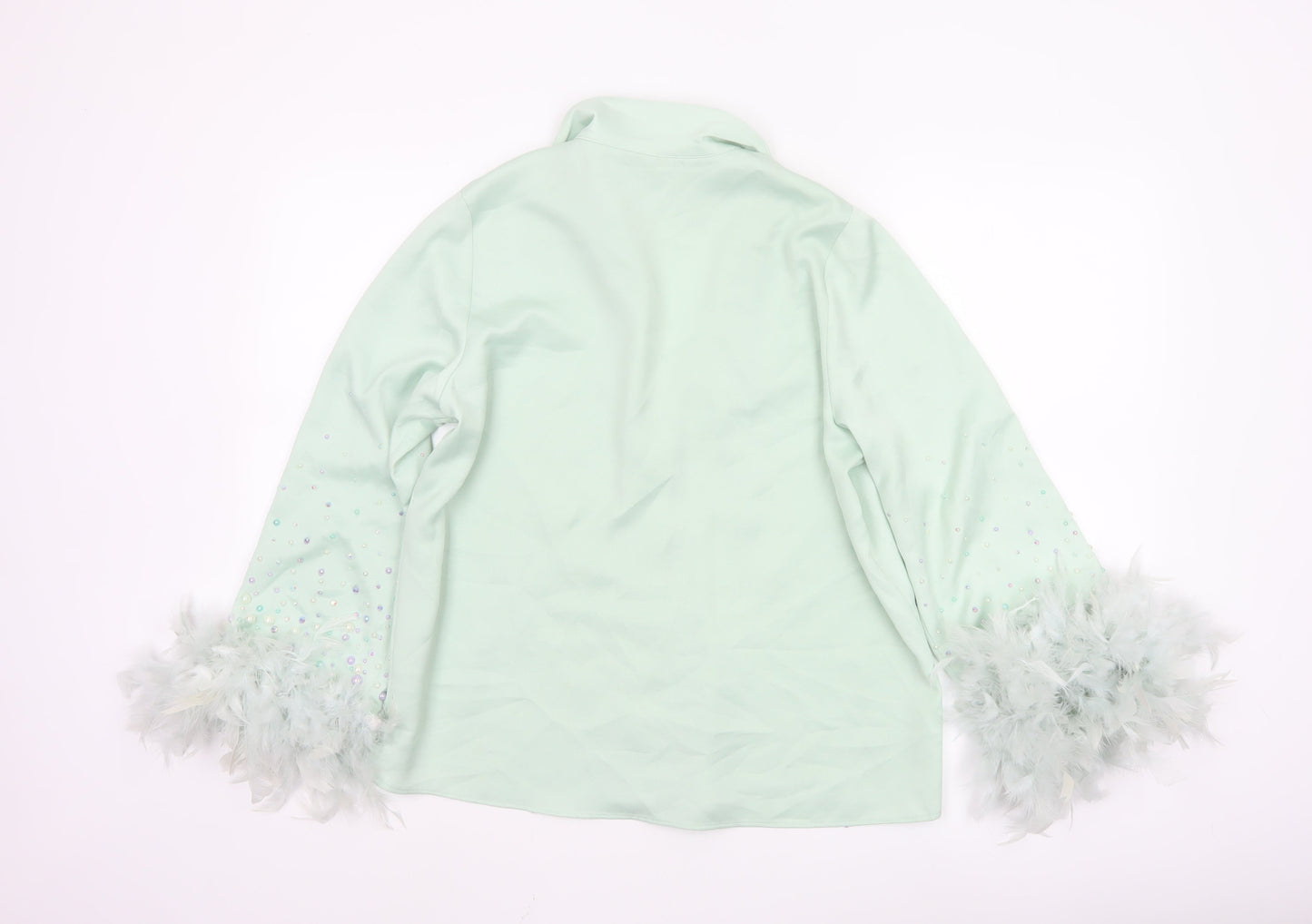 River Island Women Green Button-Up Beaded Feather Sleeve Shirt UK 10