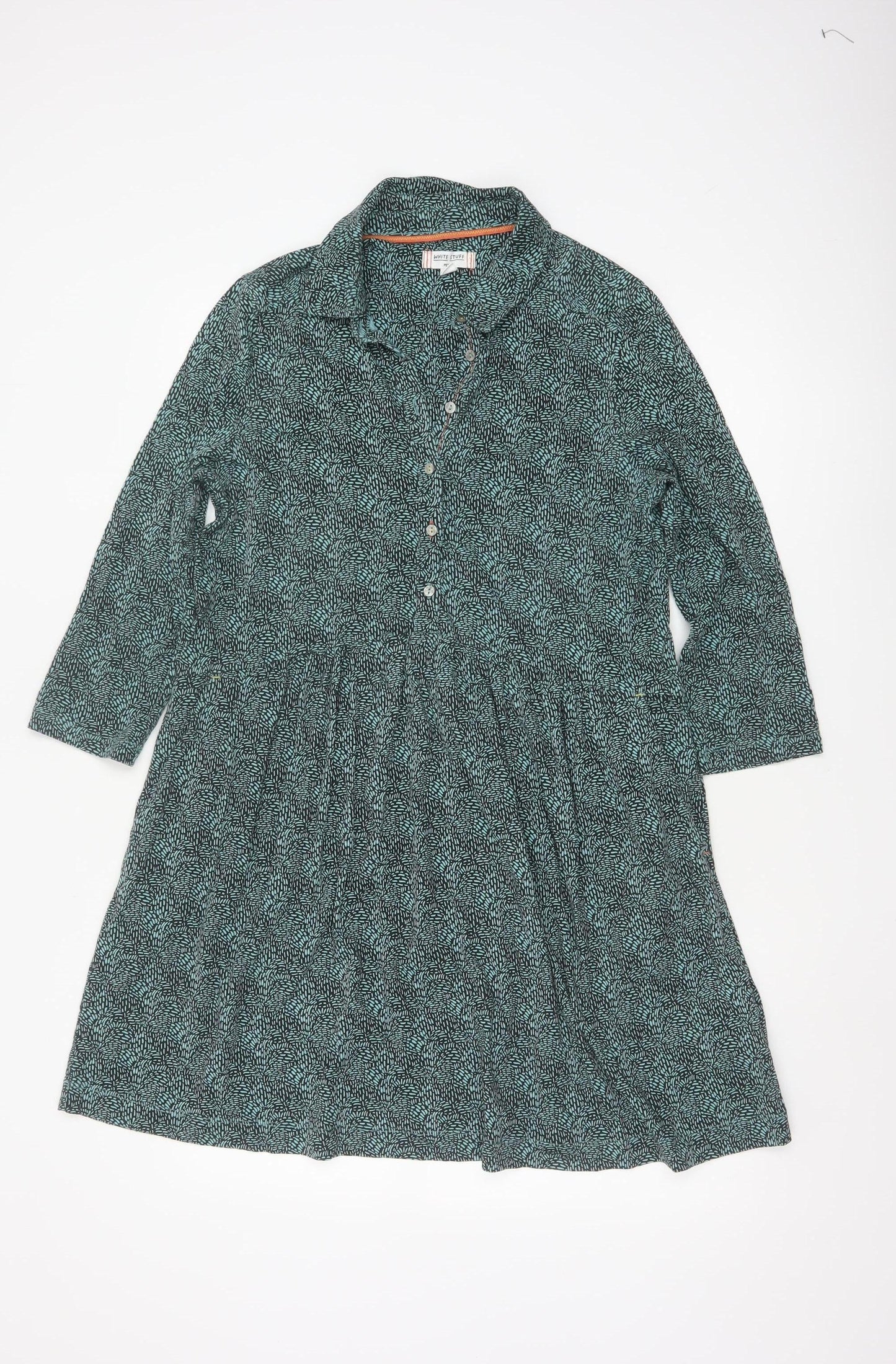 White Stuff Petite Green Shirt Dress UK 14 Modal Cotton 3/4 Sleeve