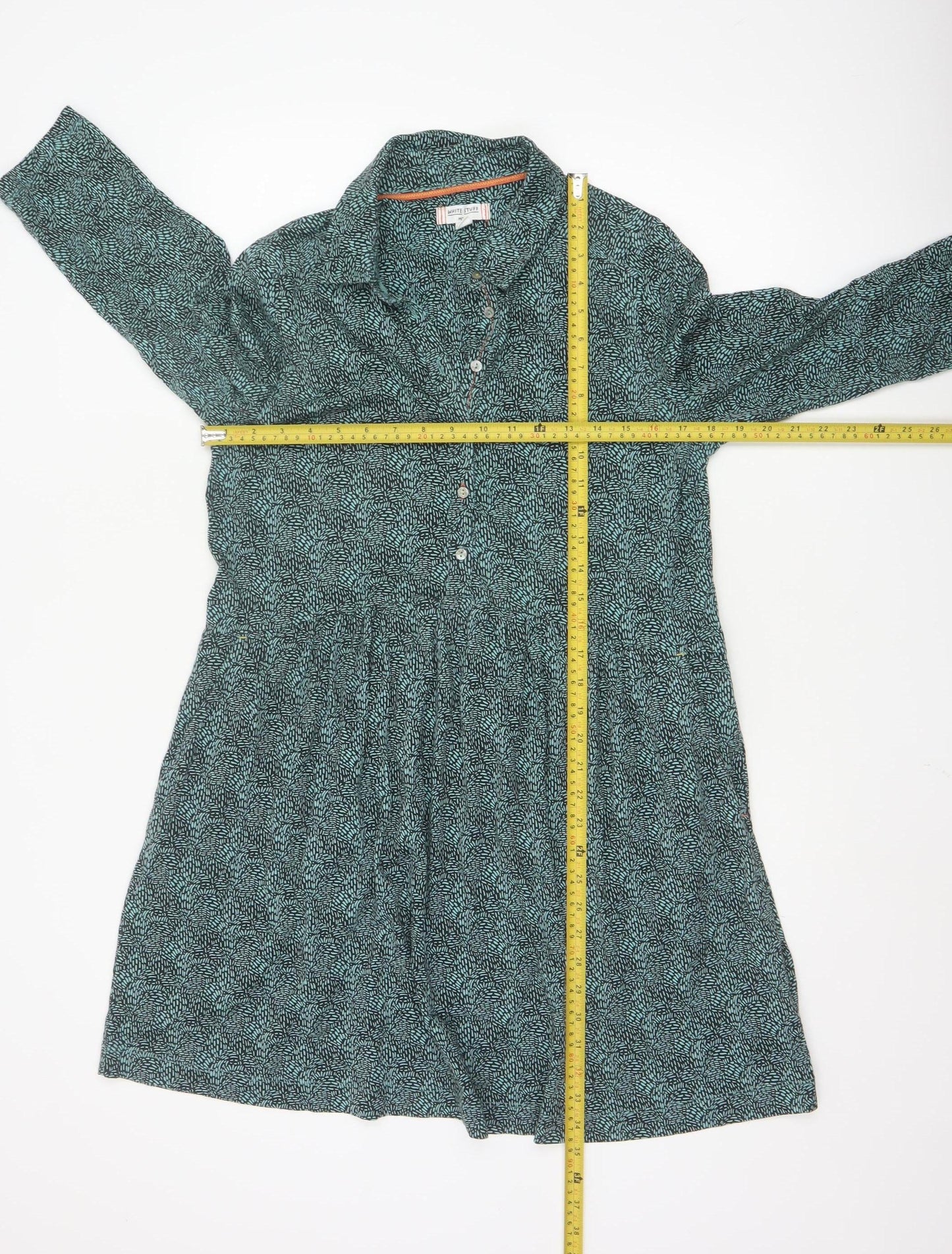 White Stuff Petite Green Shirt Dress UK 14 Modal Cotton 3/4 Sleeve