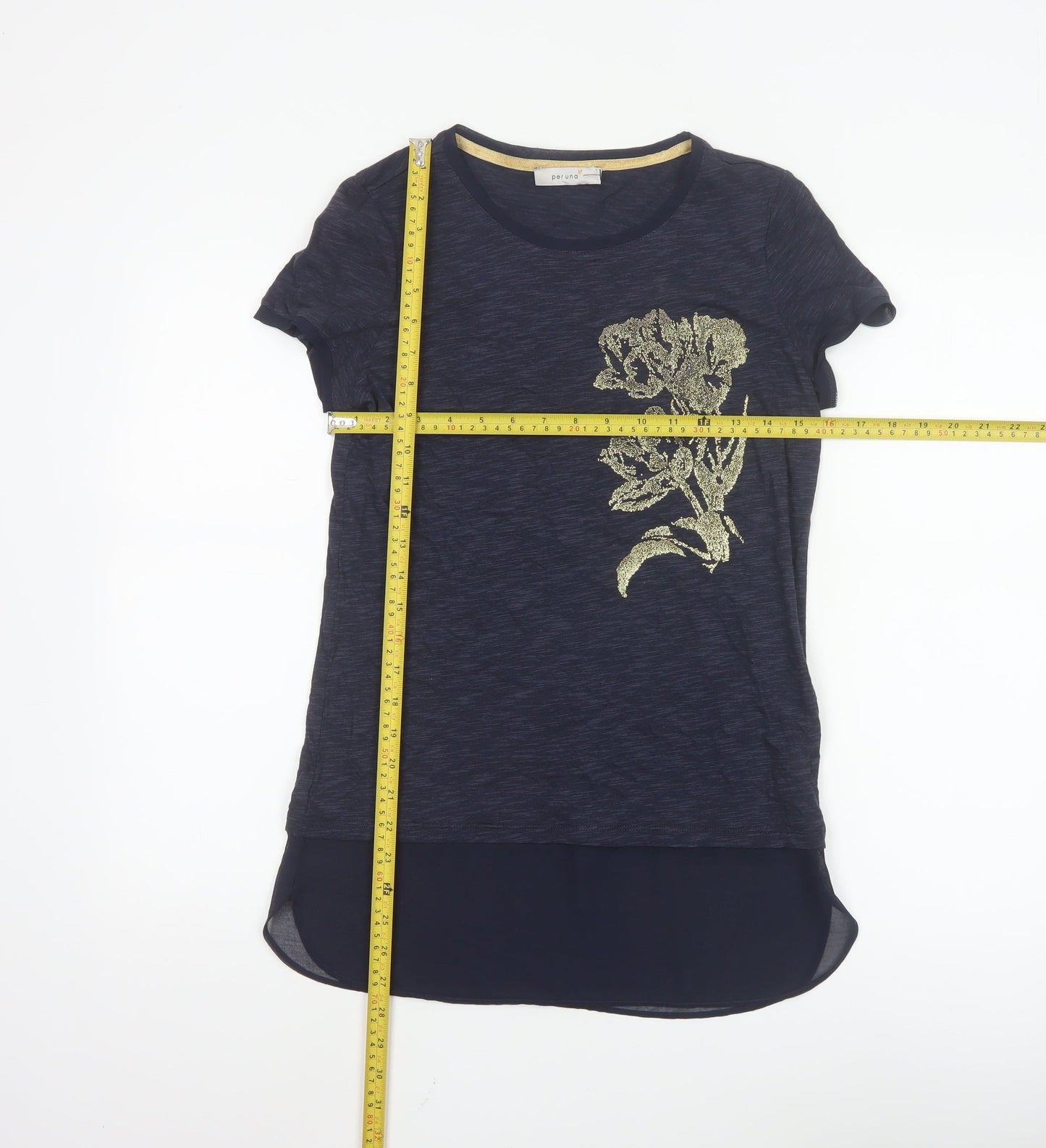 Marks and Spencer Women's Navy Floral Glitter T-Shirt Size 8