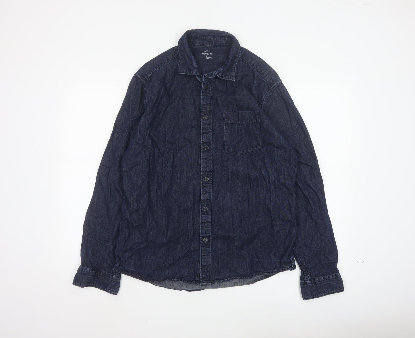 Marks and Spencer Men's Blue Denim Long Sleeve Regular Fit Shirt L
