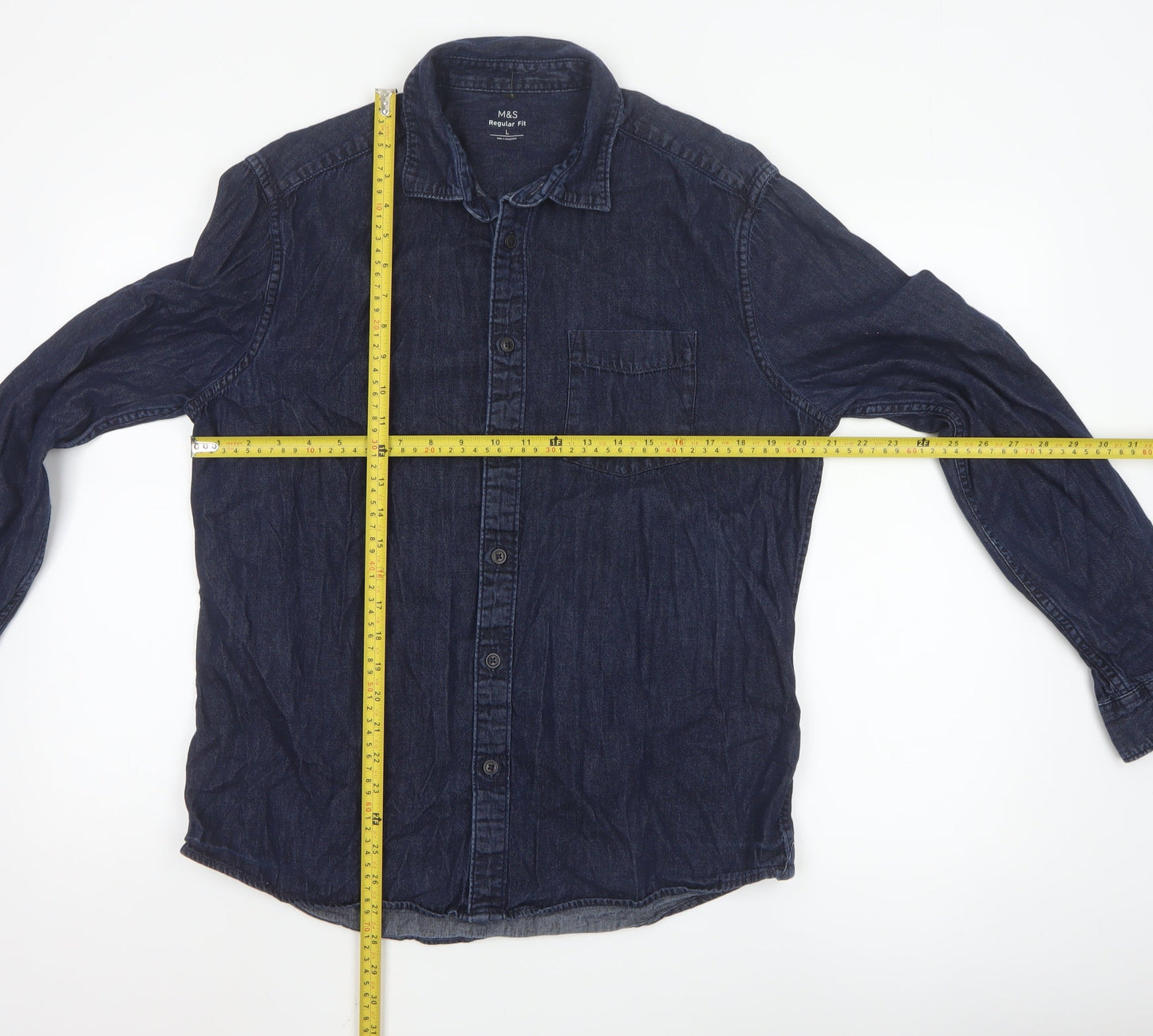 Marks and Spencer Men's Blue Denim Long Sleeve Regular Fit Shirt L