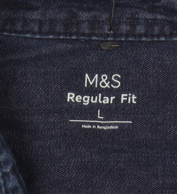 Marks and Spencer Men's Blue Denim Long Sleeve Regular Fit Shirt L