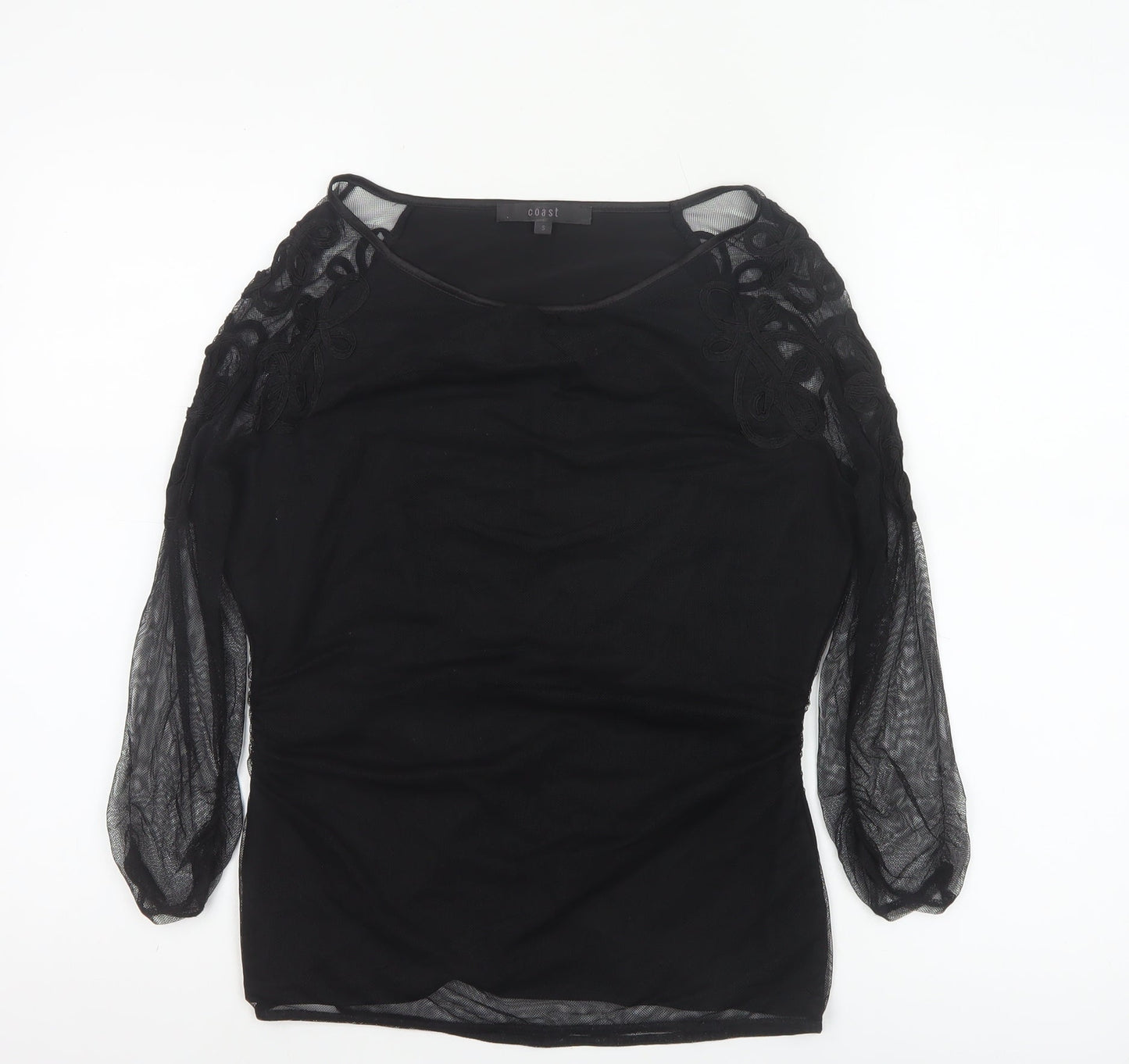 Coast Women’s Black Sheer Embroidered Long Sleeve Tunic Blouse Size S