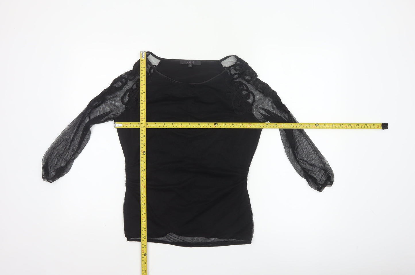 Coast Women’s Black Sheer Embroidered Long Sleeve Tunic Blouse Size S