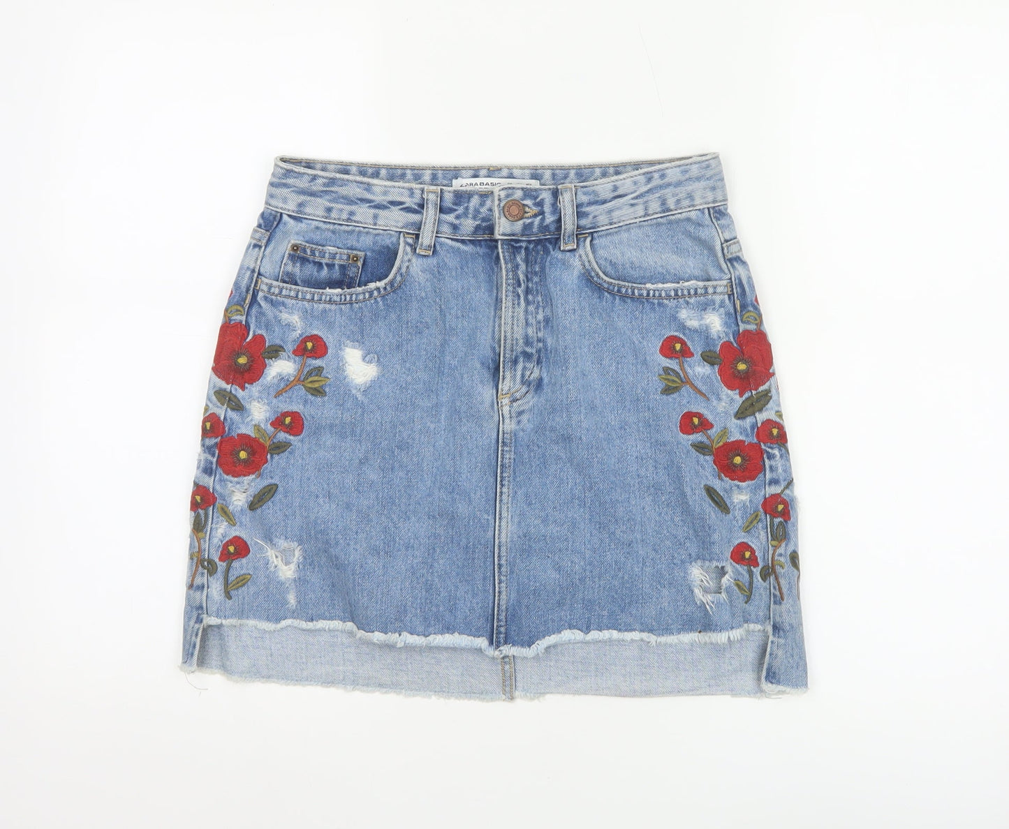 Zara Women Blue Embroidered Floral Denim Short Skirt XS