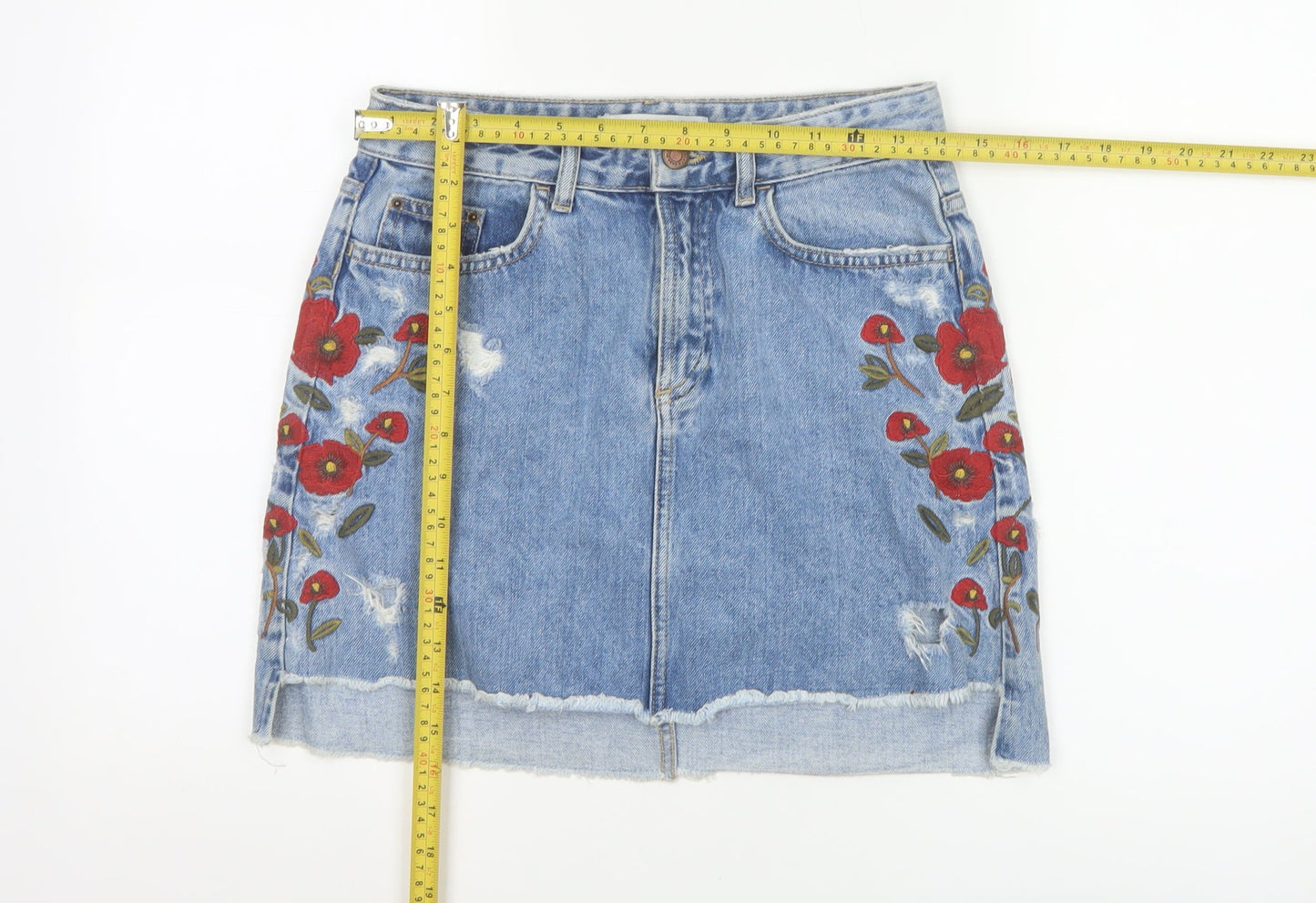 Zara Women Blue Embroidered Floral Denim Short Skirt XS