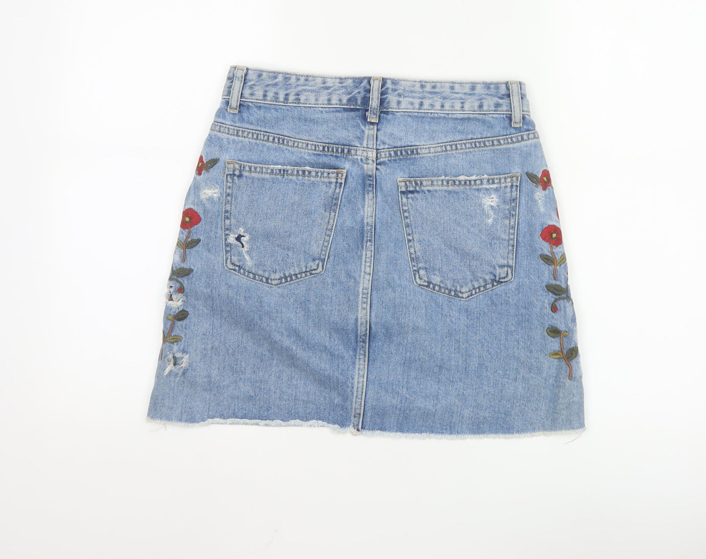 Zara Women Blue Embroidered Floral Denim Short Skirt XS