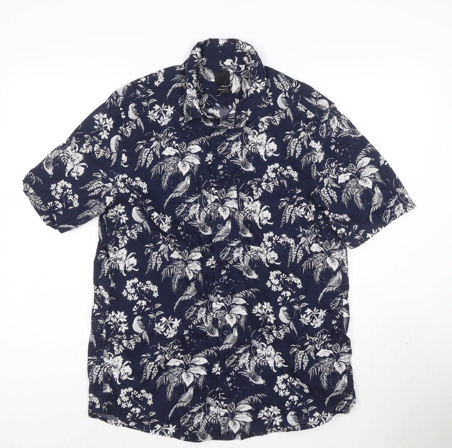 H&M Men’s Blue Tropical Floral Short Sleeve Cotton Shirt M Regular Fit