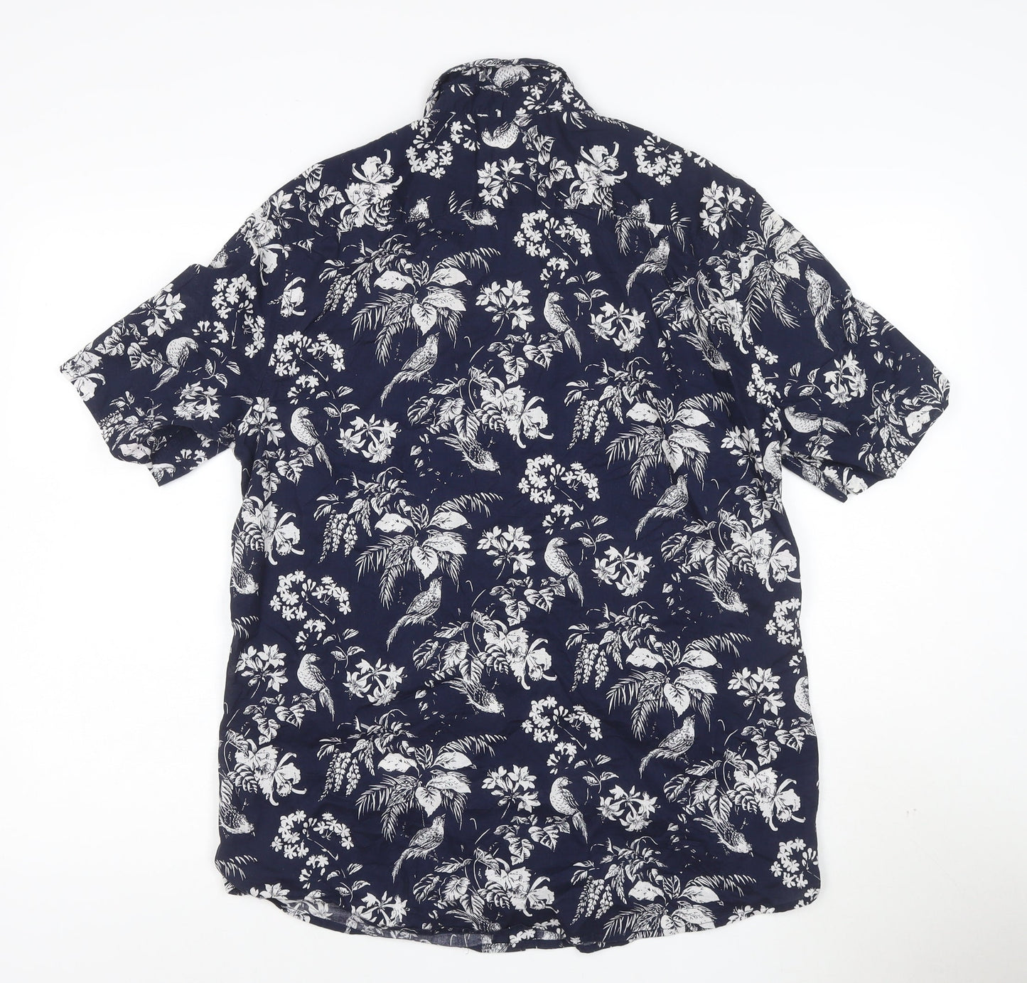 H&M Men’s Blue Tropical Floral Short Sleeve Cotton Shirt M Regular Fit