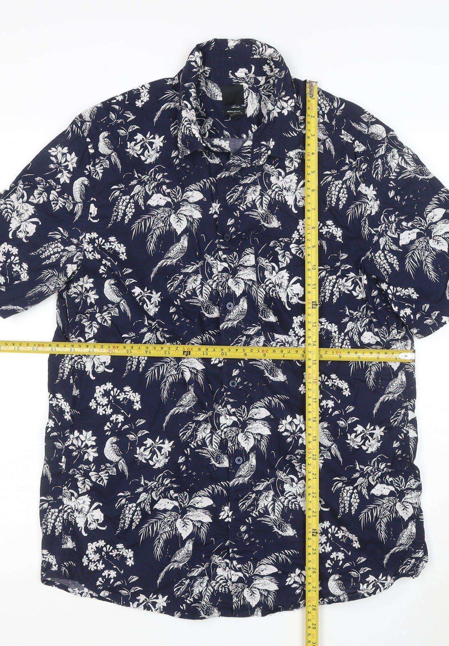 H&M Men’s Blue Tropical Floral Short Sleeve Cotton Shirt M Regular Fit