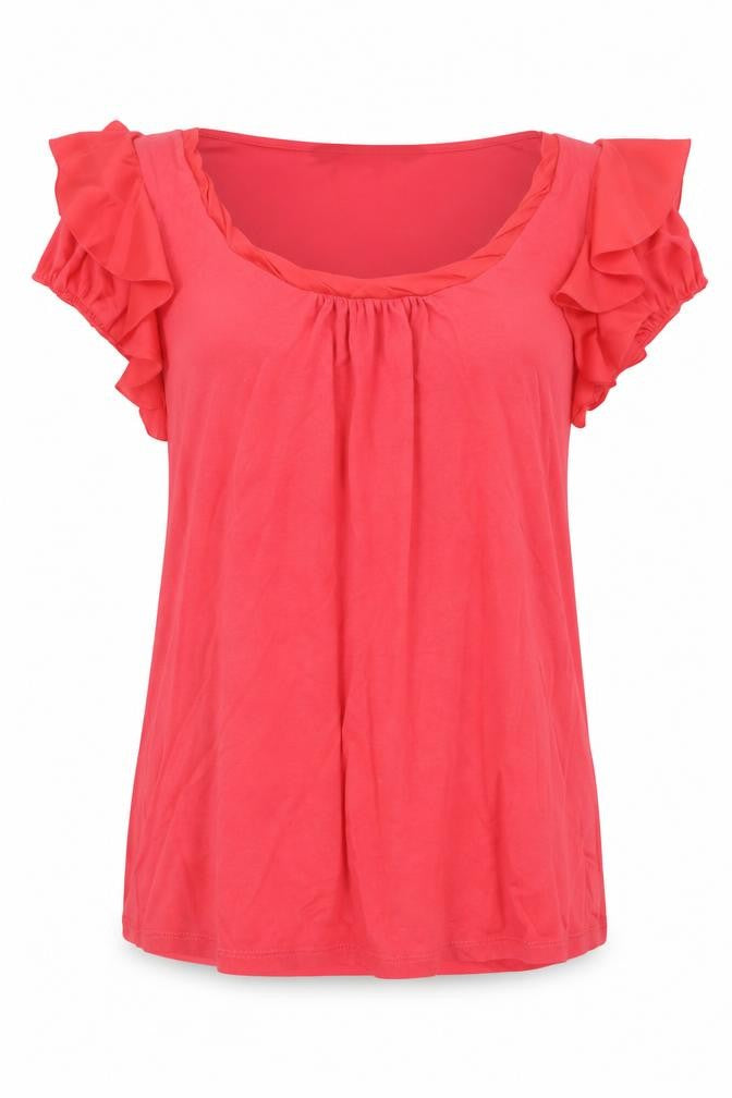 David Emanuel Women Pink Ruffle Short Sleeve Tunic Blouse Size 14