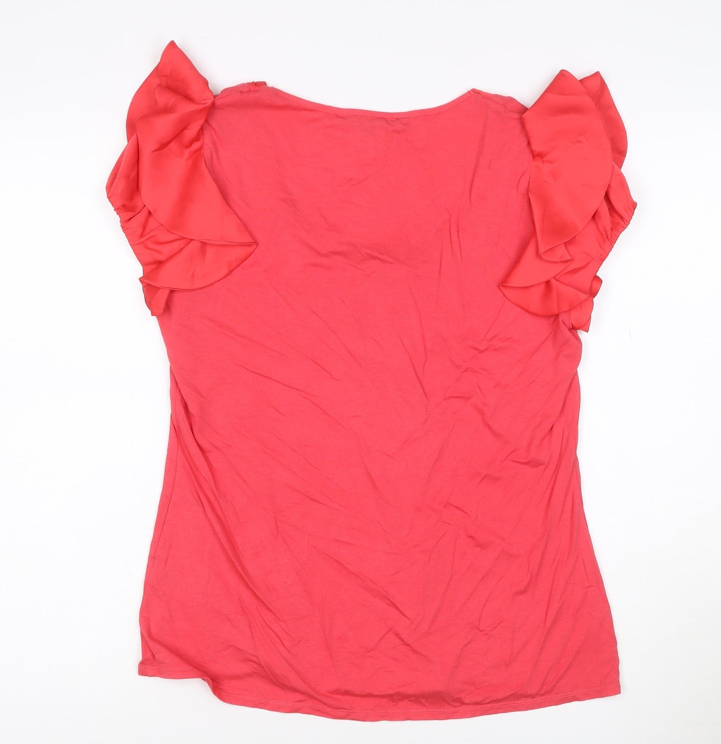 David Emanuel Women Pink Ruffle Short Sleeve Tunic Blouse Size 14