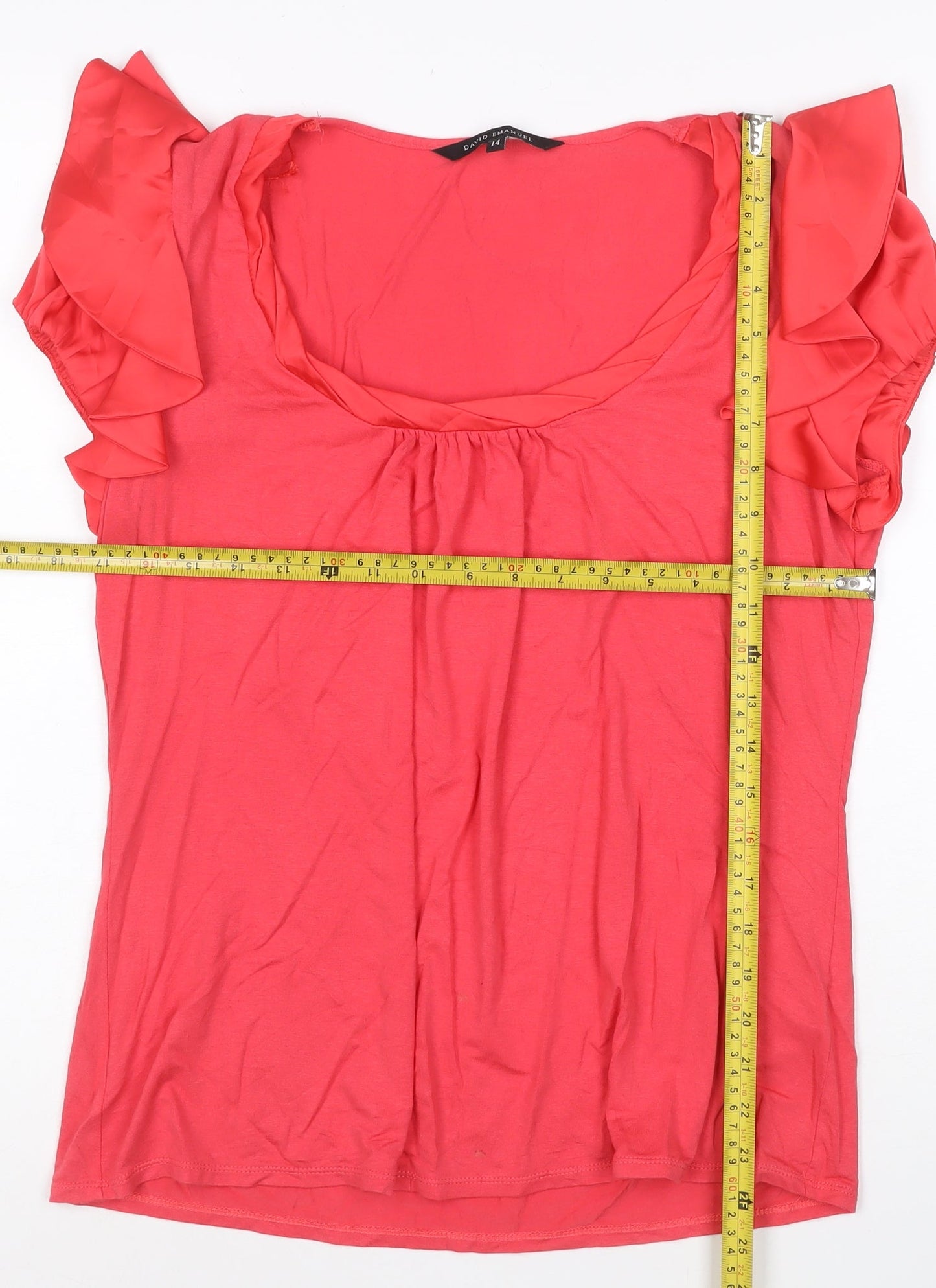 David Emanuel Women Pink Ruffle Short Sleeve Tunic Blouse Size 14