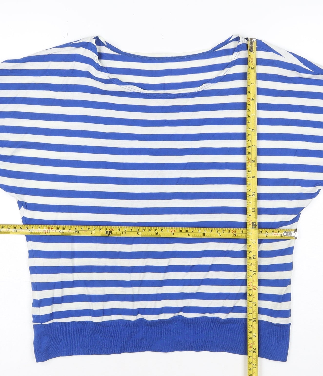 Marks and Spencer Women's Blue Striped Cotton Boat Neck T-Shirt Size 14